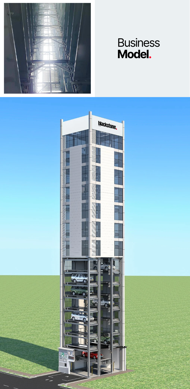 E-Park Tower operates entirely autonomously, requiring no human assistance for parking operations, which significantly reduces labor costs. It features advanced solar panels that generate 80% more electricity. Excess power is stored in batteries, ensuring operational efficiency and reduced energy costs around the clock.